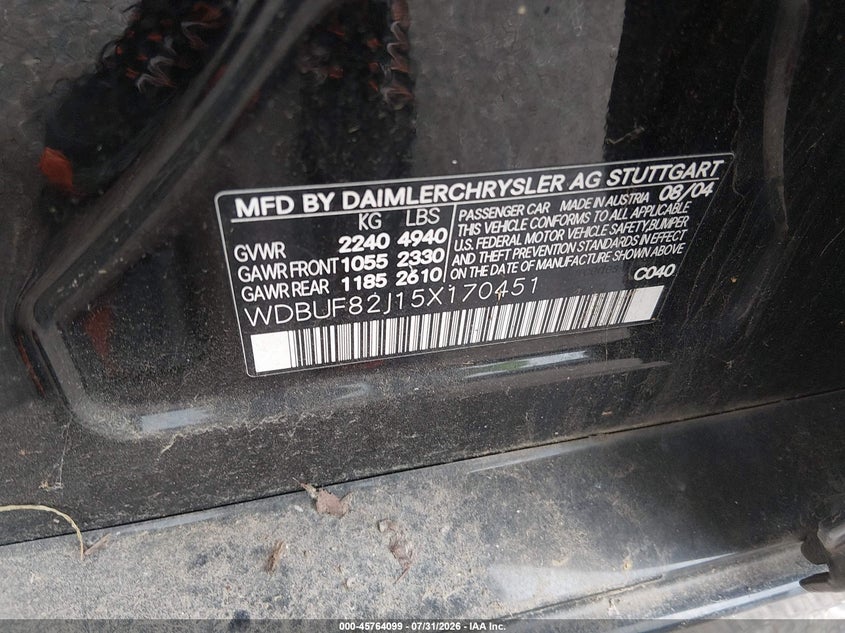 2005 Mercedes-benz E-class VIN WDBUF82J15X170451 IAAI salvage auction — RIGHT FRONT, Clear (Minnesota), sold $275 on 2026-08-17 (photo 9)