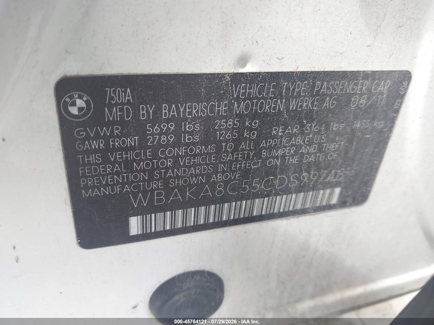 2012 BMW 7er VIN WBAKA8C55CDS99748 IAAI salvage auction — NORMAL WEAR, Clear (New York), sold $425 on 2026-08-04 (photo 9)