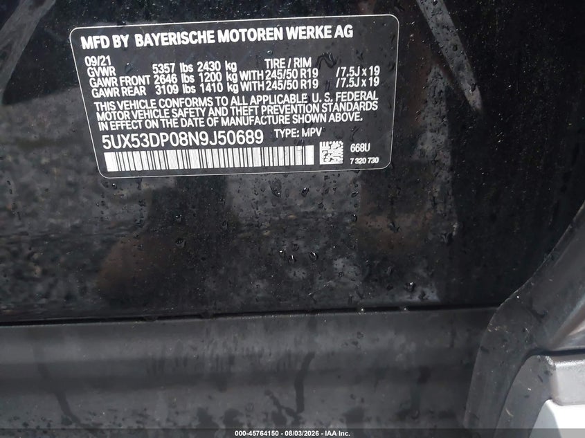 2022 BMW X3 VIN 5UX53DP08N9J50689 IAAI salvage auction — REAR END, Salvage (New Jersey), sold $16,675 on 2026-09-10 (photo 9)