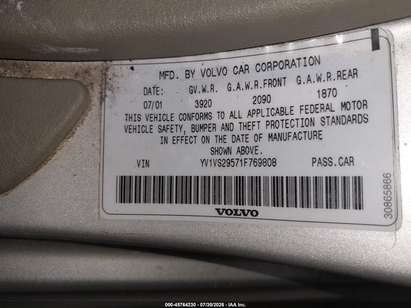 2001 Volvo S40 VIN YV1VS29571F769808 IAAI salvage auction — NORMAL WEAR, Clear (New York), sold $400 on 2026-08-05 (photo 9)