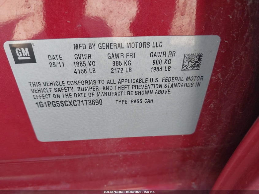 2012 Chevrolet Cruze VIN 1G1PG5SCXC7173690 IAAI salvage auction — NORMAL WEAR, Clear (Illinois), sold $300 on 2026-08-28 (photo 9)