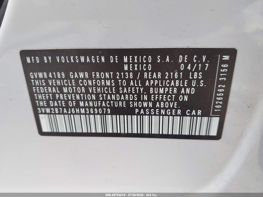 2017 Volkswagen Jetta VIN 3VW2B7AJ6HM369079 IAAI salvage auction — FRONT END, Salvage Title, sold $875 on 2026-09-11 (photo 9)