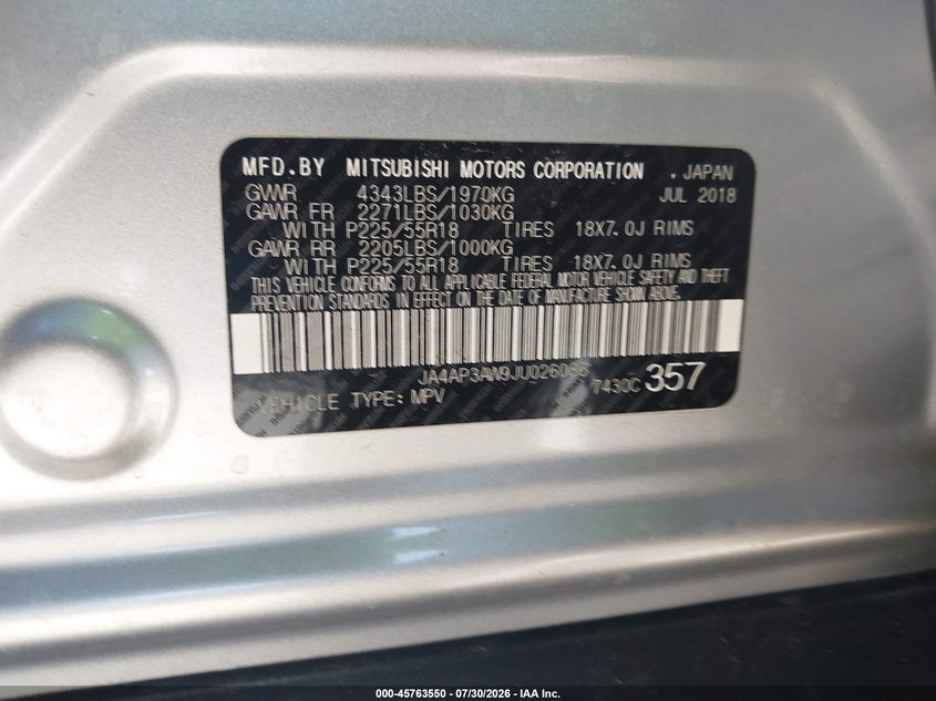2018 Mitsubishi Outlander VIN JA4AP3AW9JU026086 IAAI salvage auction — RIGHT FRONT, Wait Title, sold $2,550 on 2026-08-21 (photo 9)