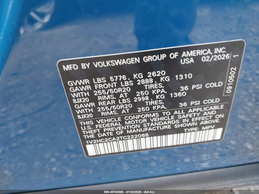 2026 Volkswagen Atlas cross sport VIN 1V2HC2CA2TC222065 IAAI salvage auction — REAR END, Salvage Title, sold $24,150 on 2026-08-12 (photo 9)