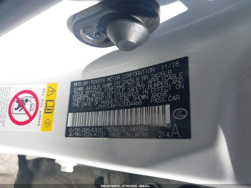 2019 Lexus Ux VIN JTHY3JBH1K2004468 IAAI salvage auction — FRONT END, Salvage Title, sold $7,600 on 2026-09-02 (photo 9)