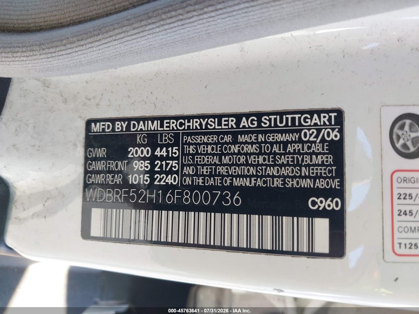 2006 Mercedes-benz C-klasse VIN WDBRF52H16F800736 IAAI salvage auction — LEFT FRONT, Salvage (Oregon), sold $150 on 2026-08-20 (photo 9)