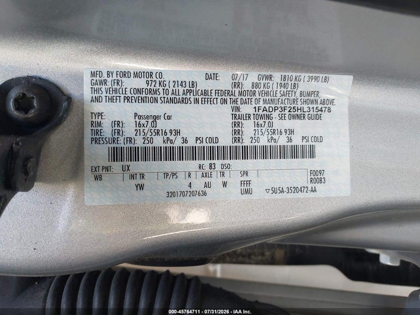 2017 Ford Focus VIN 1FADP3F25HL315478 IAAI salvage auction — NORMAL WEAR, Sf97 (Virginia), sold $9,300 on 2026-08-19 (photo 9)