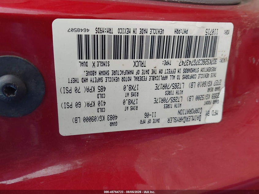 2007 Dodge Ram 2500 VIN 3D7KS26C37G743747 IAAI salvage auction — ROOF, Salvage (Pennsylvania), sold $9,850 on 2026-08-14 (photo 9)