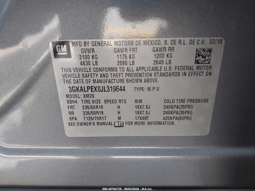 2018 Gmc Terrain VIN 3GKALPEX0JL319644 IAAI salvage auction — FRONT END, Wait Title, sold $4,300 on 2026-08-19 (photo 9)
