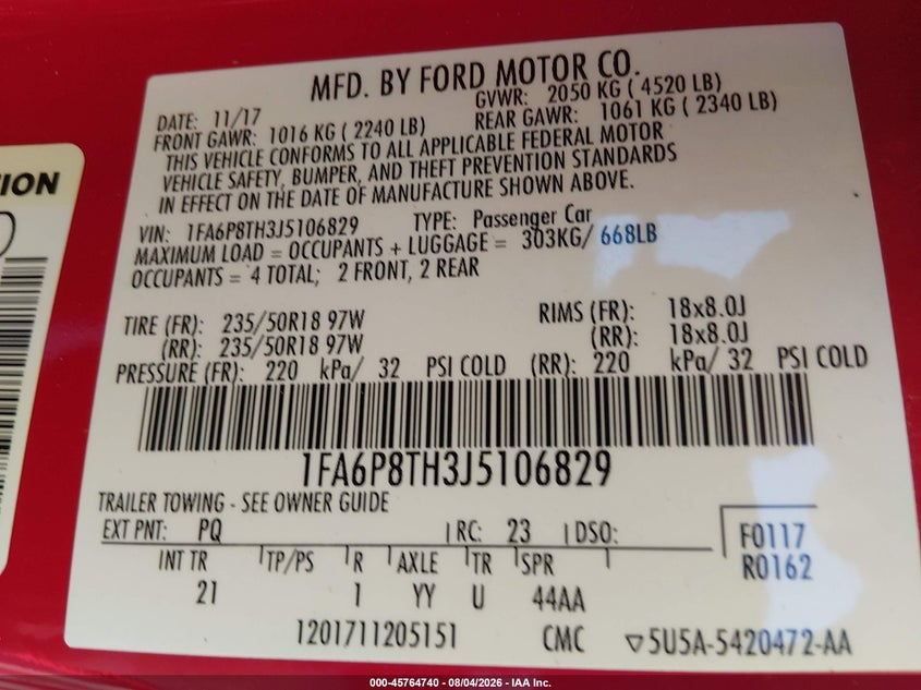 2018 Ford Mustang VIN 1FA6P8TH3J5106829 IAAI salvage auction — REAR END, Salvage (Mississippi), sold $7,000 on 2026-08-21 (photo 9)