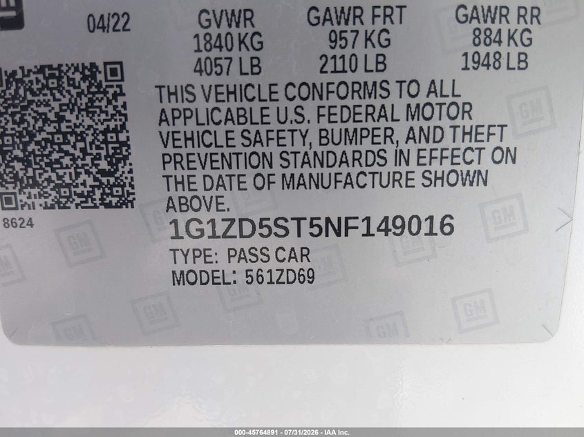2022 Chevrolet Malibu VIN 1G1ZD5ST5NF149016 IAAI salvage auction — NORMAL WEAR, Clear (Nevada), sold $7,500 on 2026-08-21 (photo 9)