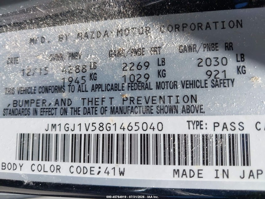 2016 Mazda 6 VIN JM1GJ1V58G1465040 IAAI salvage auction — REAR END, Original (Texas), sold $3,550 on 2026-09-10 (photo 9)
