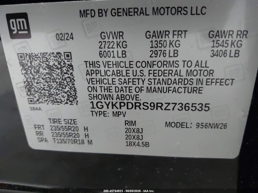 2024 Cadillac Xt6 VIN 1GYKPDRS9RZ736535 IAAI salvage auction — FRONT END, Wait Title, sold $16,100 on 2026-08-26 (photo 9)