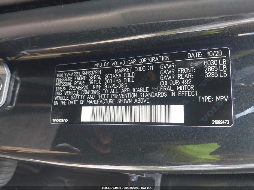 2021 Volvo Xc90 VIN YV4A221L5M1697911 IAAI salvage auction — REAR END, Salvage Title, sold $13,100 on 2026-08-11 (photo 9)
