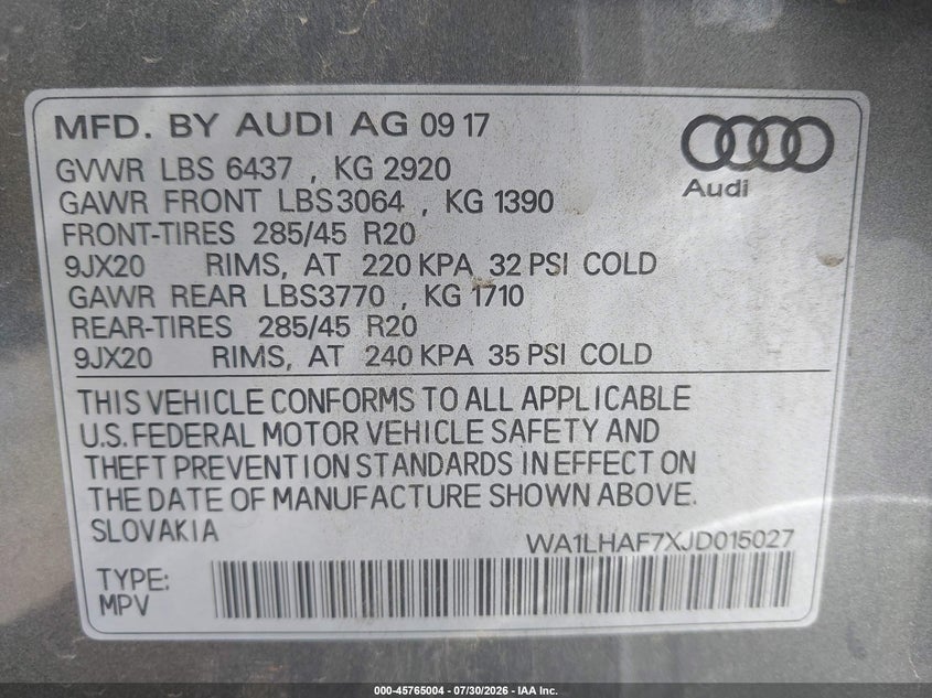 2018 Audi Q7 VIN WA1LHAF7XJD015027 IAAI salvage auction — SIDE, Wait Title, sold $5,100 on 2026-09-27 (photo 9)