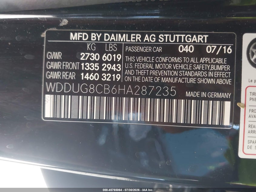 2017 Mercedes-benz S-klasse VIN WDDUG8CB6HA287235 IAAI salvage auction — RIGHT FRONT, Salvage (Arizona), sold $7,100 on 2026-08-21 (photo 9)