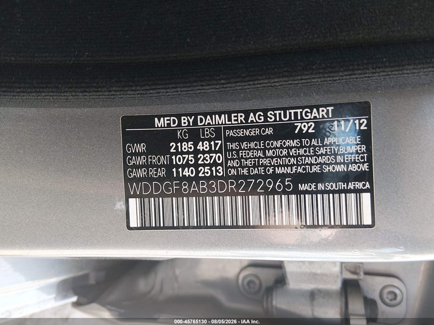 2013 Mercedes-benz C-klasse VIN WDDGF8AB3DR272965 IAAI salvage auction — FRONT END, Clear (Massachusetts), sold $1,300 on 2026-08-09 (photo 9)