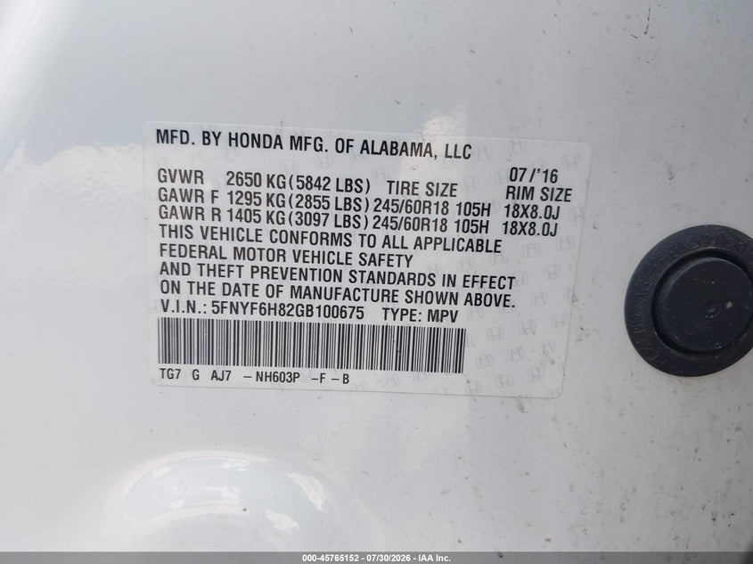 2016 Honda Pilot VIN 5FNYF6H82GB100675 IAAI salvage auction — FRONT END, Wait Title, sold $1,800 on 2026-09-22 (photo 9)