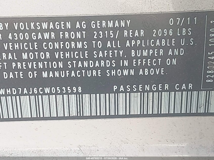 2012 Volkswagen Gti VIN WVWHD7AJ6CW053598 IAAI salvage auction — NORMAL WEAR, Regular (Nevada), sold $2,200 on 2026-07-31 (photo 9)