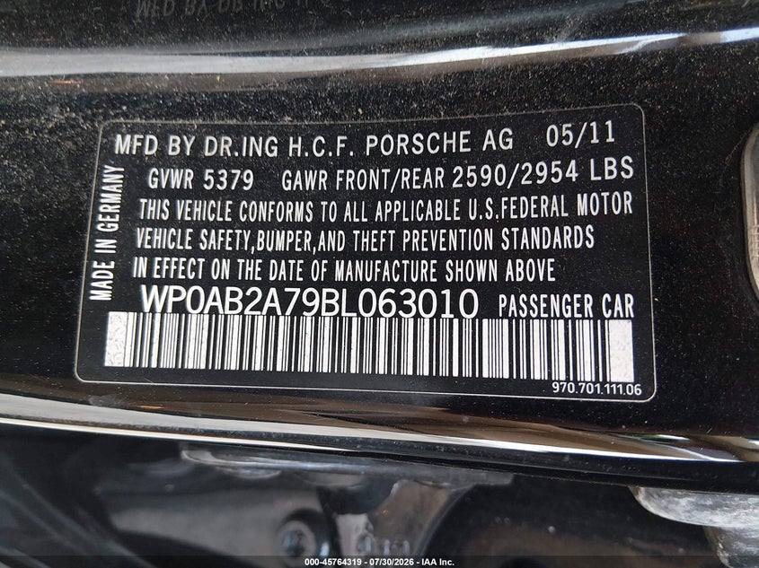 2011 Porsche Panamera VIN WP0AB2A79BL063010 IAAI salvage auction — NORMAL WEAR, Original (Texas), sold $1,900 on 2026-08-12 (photo 9)