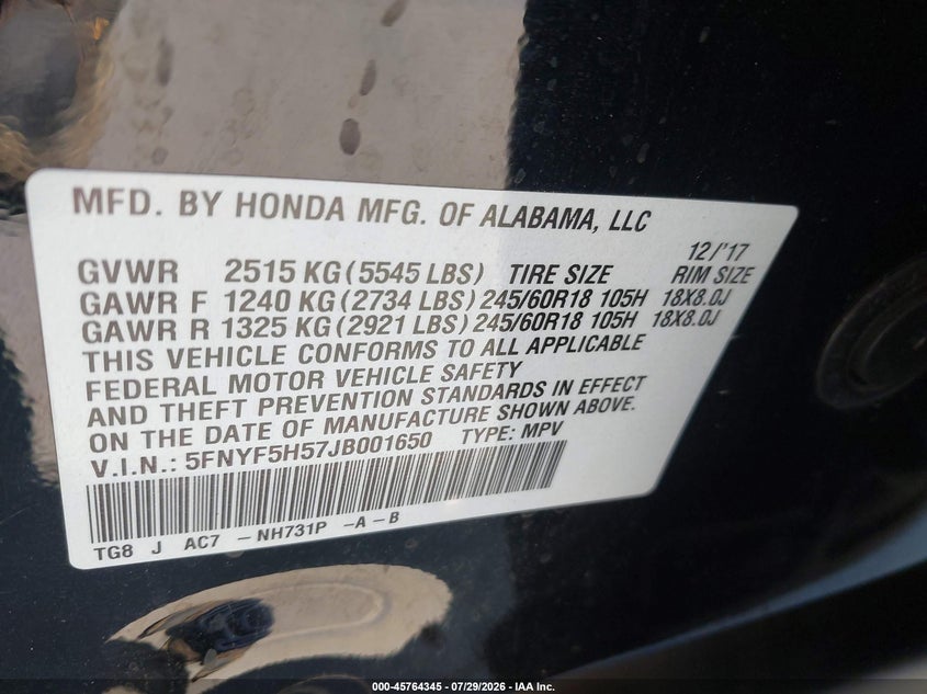2018 Honda Pilot VIN 5FNYF5H57JB001650 IAAI salvage auction — REAR END, Salvage Title, sold $4,250 on 2026-08-06 (photo 9)