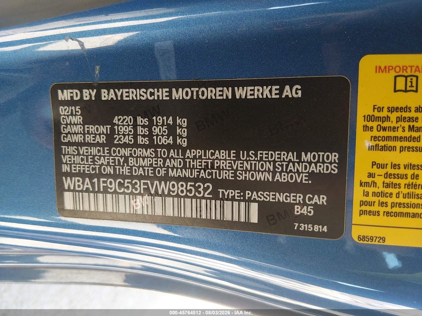 2015 BMW 2er VIN WBA1F9C53FVW98532 IAAI salvage auction — REAR END, Salvage (California), sold $4,100 on 2026-08-19 (photo 9)