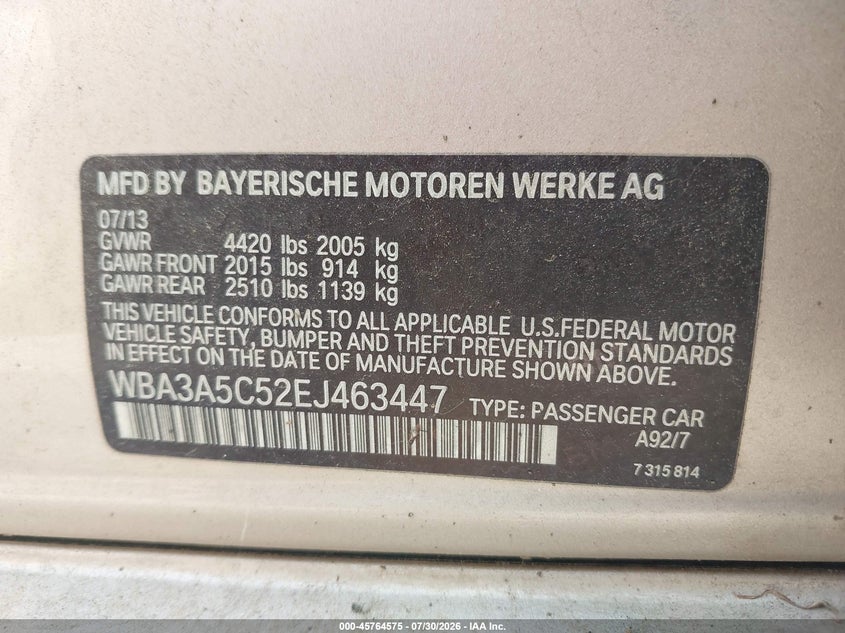 2014 BMW 3er VIN WBA3A5C52EJ463447 IAAI salvage auction — NORMAL WEAR, Clear (Alabama), sold $350 on 2026-08-20 (photo 9)