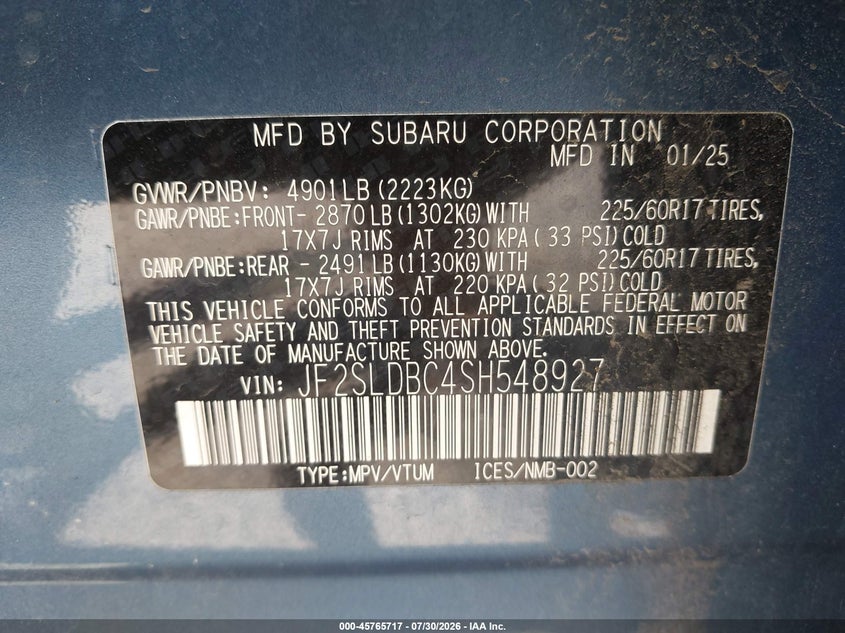 2025 Subaru Forester VIN JF2SLDBC4SH548927 IAAI salvage auction — FRONT & REAR, Wait Title, sold $8,300 on 2026-09-14 (photo 9)
