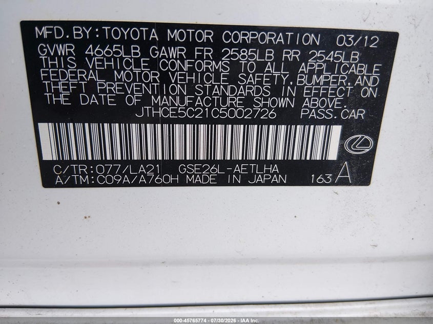 2012 Lexus Is 350 VIN JTHCE5C21C5002726 IAAI salvage auction — NORMAL WEAR, Clear (Pennsylvania), sold $1,225 on 2026-08-27 (photo 9)