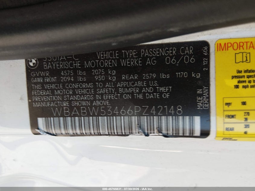 2006 BMW 3 series VIN WBABW53466PZ42148 IAAI salvage auction — LEFT FRONT, Salvage (California), sold $3,050 on 2026-08-17 (photo 9)