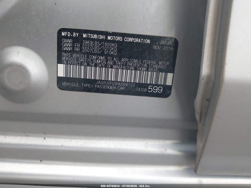 2017 Mitsubishi Lancer VIN JA32U2FU3HU006123 IAAI salvage auction — FRONT END, Salvage Title, sold $525 on 2026-09-26 (photo 9)