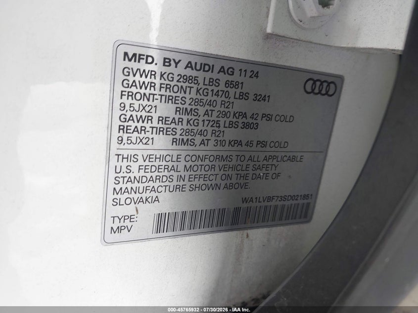 2025 Audi Q7 VIN WA1LVBF73SD021851 IAAI salvage auction — REAR END, Salvage Title, sold $31,975 on 2026-08-31 (photo 9)