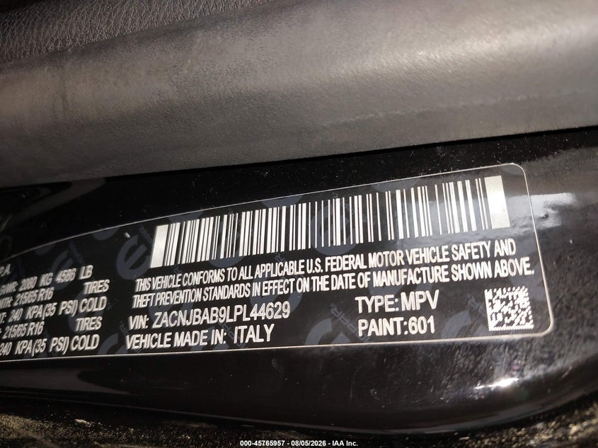 2020 Jeep Renegade VIN ZACNJBAB9LPL44629 IAAI salvage auction — FRONT END, Wait Title, sold $325 on 2026-08-19 (photo 9)