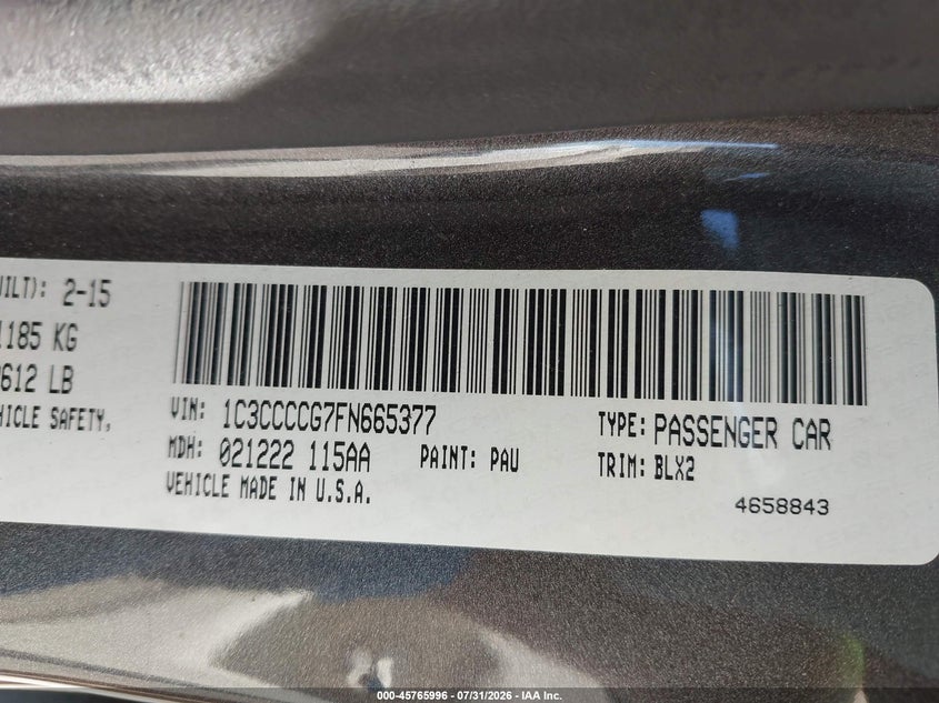 2015 Chrysler 200 VIN 1C3CCCCG7FN665377 IAAI salvage auction — REAR END, Salvage Title, sold $650 on 2026-08-27 (photo 9)