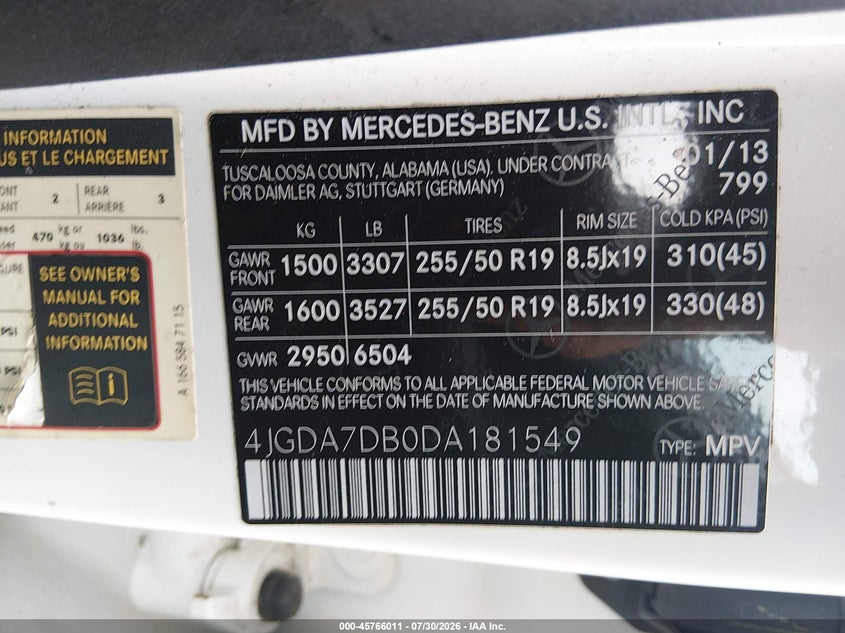 2013 Mercedes-benz M-klasse VIN 4JGDA7DB0DA181549 IAAI salvage auction — LEFT FRONT, Clear (Massachusetts), sold $2,800 on 2026-08-05 (photo 9)