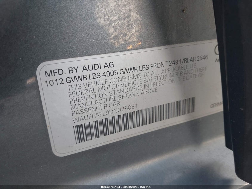 2013 Audi A4 VIN WAUFFAFL9DN025081 IAAI salvage auction — FRONT END, Salvage (Utah), sold $325 on 2026-09-27 (photo 9)