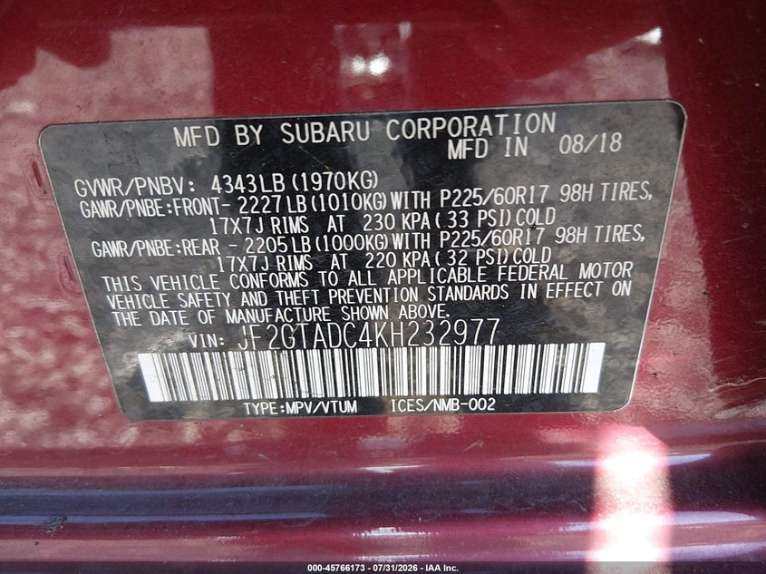 2019 Subaru Xv VIN JF2GTADC4KH232977 IAAI salvage auction — FRONT END, Bill Of Sale (Washington), sold $5,400 on 2026-08-24 (photo 9)