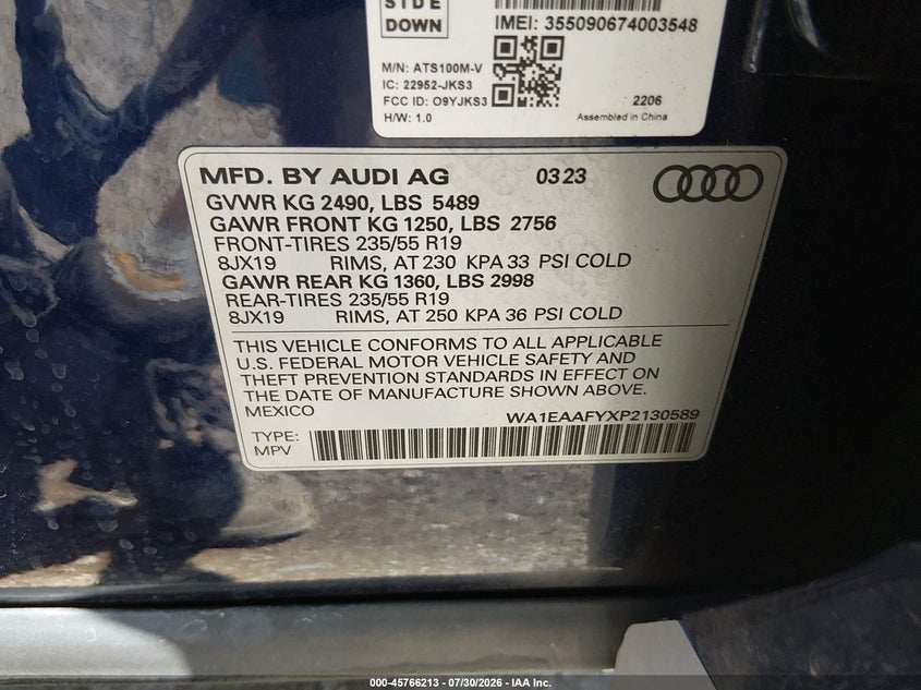 2023 Audi Q5 VIN WA1EAAFYXP2130589 IAAI salvage auction — LEFT FRONT, Salvage (Indiana), sold $17,900 on 2026-08-26 (photo 9)