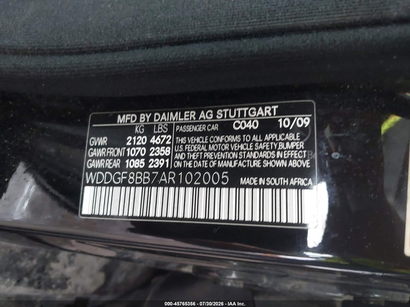 2010 Mercedes-benz C class VIN WDDGF8BB7AR102005 IAAI salvage auction — FRONT END, Mv-907A (New York), sold $900 on 2026-08-20 (photo 9)