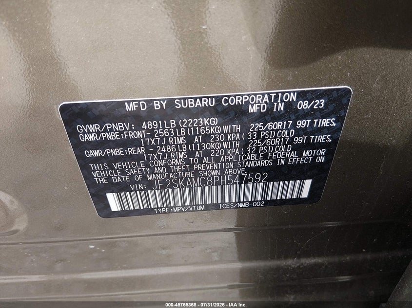 2023 Subaru Forester VIN JF2SKAMC8PH547592 IAAI salvage auction — SIDE, Salvage Title, sold $7,300 on 2026-09-14 (photo 9)