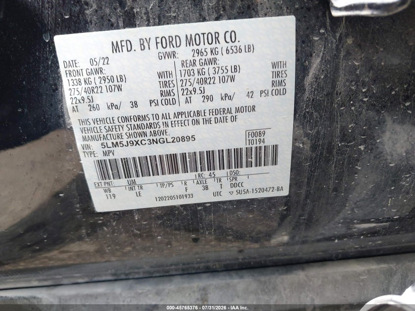 2022 Lincoln Aviator VIN 5LM5J9XC3NGL20895 IAAI salvage auction — REAR END, Salvage Title, sold $22,300 on 2026-09-23 (photo 9)