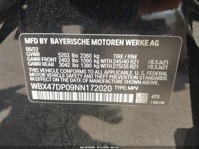 2022 BMW X3 VIN WBX47DP09NN172020 IAAI salvage auction — REAR END, Salvage (Idaho), sold $13,150 on 2026-09-05 (photo 9)