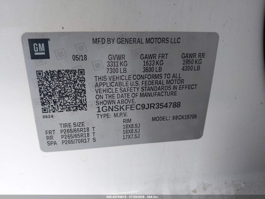 2018 Chevrolet Tahoe VIN 1GNSKFEC9JR354788 IAAI salvage auction — NORMAL WEAR, SF97 (California), sold $10,900 on 2026-08-27 (photo 9)
