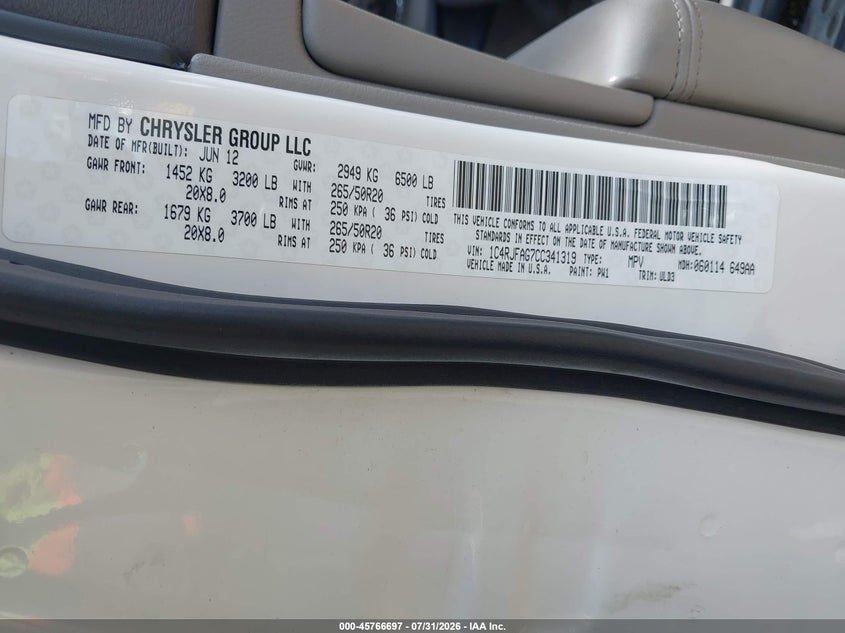 2012 Jeep Grand cherokee VIN 1C4RJFAG7CC341319 IAAI salvage auction — NORMAL WEAR, Clear (New Jersey), sold $875 on 2026-08-24 (photo 9)