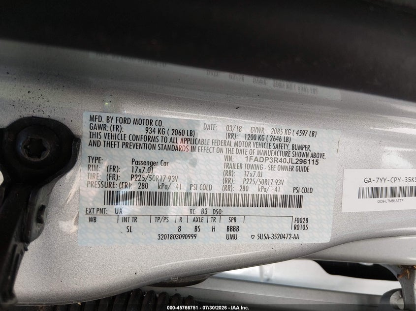 2018 Ford Focus VIN 1FADP3R40JL296115 IAAI salvage auction — NORMAL WEAR, SF97 (California), sold $9,100 on 2026-08-27 (photo 9)