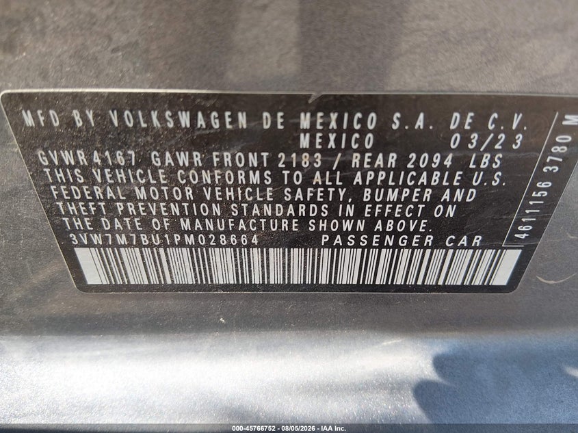 2023 Volkswagen Jetta VIN 3VW7M7BU1PM028664 IAAI salvage auction — FRONT END, Salvage Title, sold $3,200 on 2026-08-24 (photo 9)