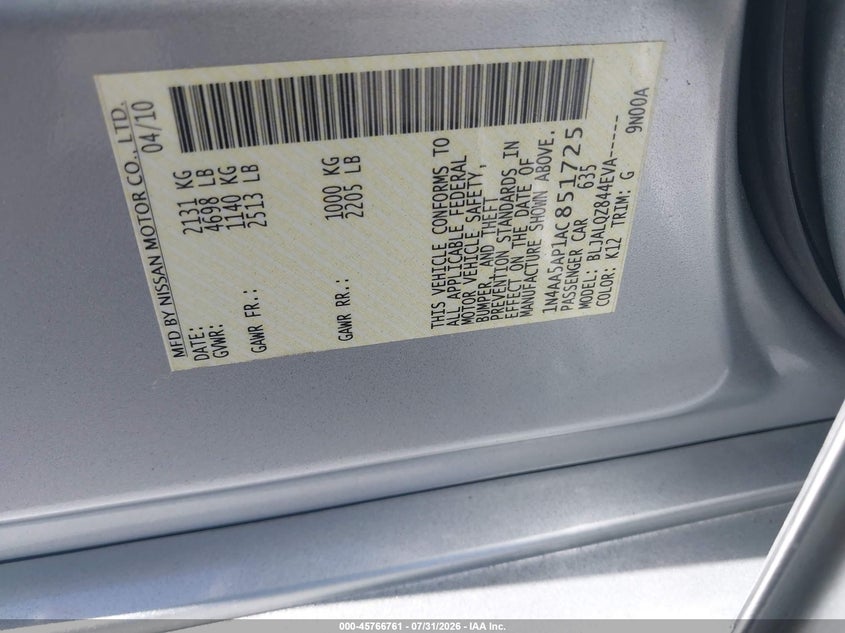 2010 Nissan Maxima VIN 1N4AA5AP1AC851725 IAAI salvage auction — SIDE, Salvage Certificate (California), sold $1,350 on 2026-08-20 (photo 9)