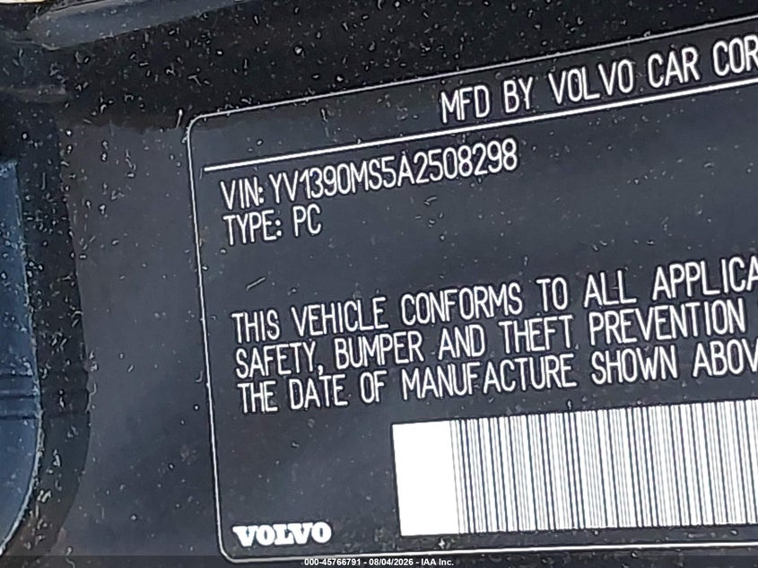 2010 Volvo S40 VIN YV1390MS5A2508298 IAAI salvage auction — NORMAL WEAR, Clear (New Jersey), sold $925 on 2026-08-11 (photo 9)