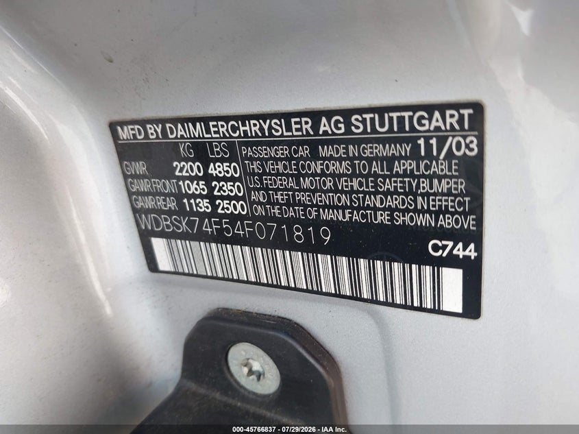 2004 Mercedes-benz Sl-klasse amg VIN WDBSK74F54F071819 IAAI salvage auction — NORMAL WEAR, Clear-Dealer Only (Arizona), sold $4,650 on 2026-08-20 (photo 9)