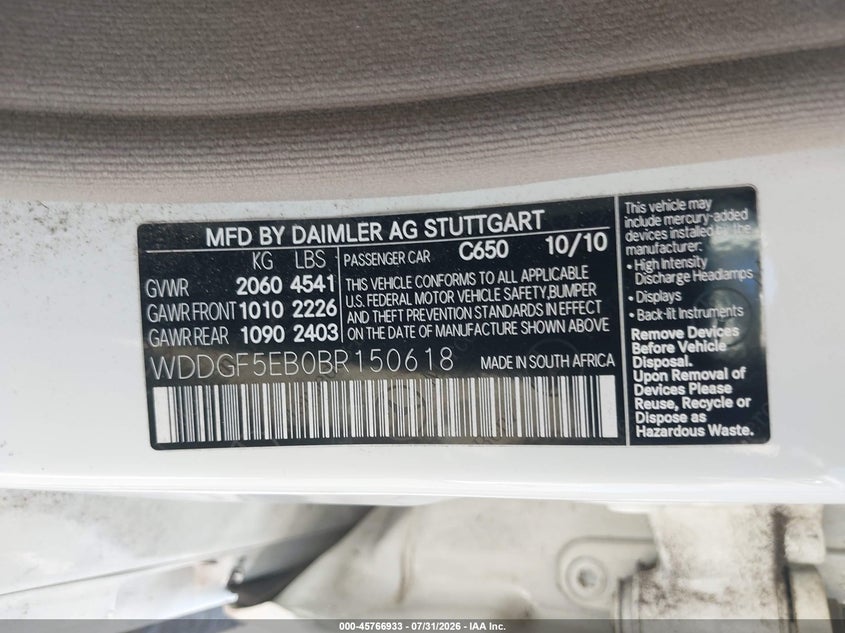 2011 Mercedes-benz C class VIN WDDGF5EB0BR150618 IAAI salvage auction — RIGHT SIDE, Salvage (California), sold $425 on 2026-08-19 (photo 9)